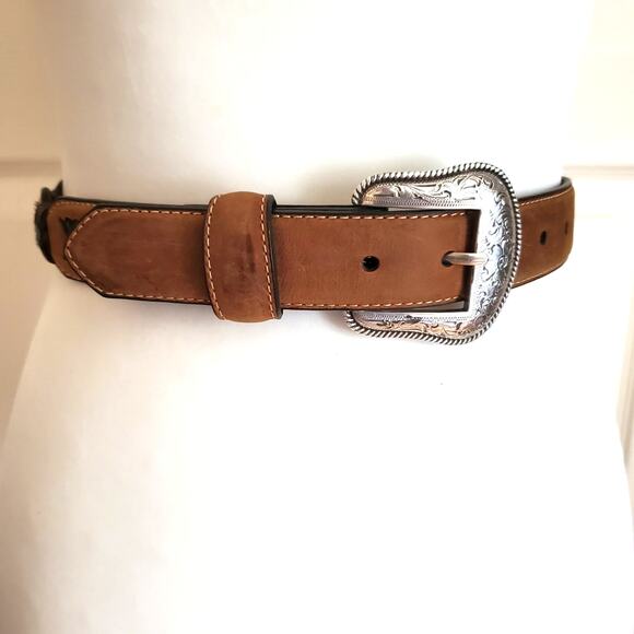 Nocona Tan Brown Leather Western Belt Braided Concho Silver Tooled Buckle Sz 26 - Picture 1 of 12